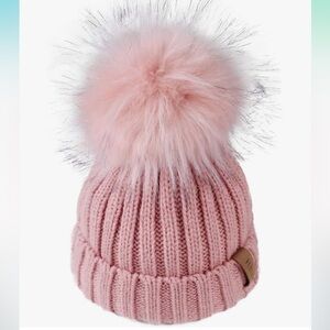 Pink Knit Beanie with Faux Fur Pom